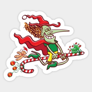 Halloween witch riding a Christmas candy cane Sticker